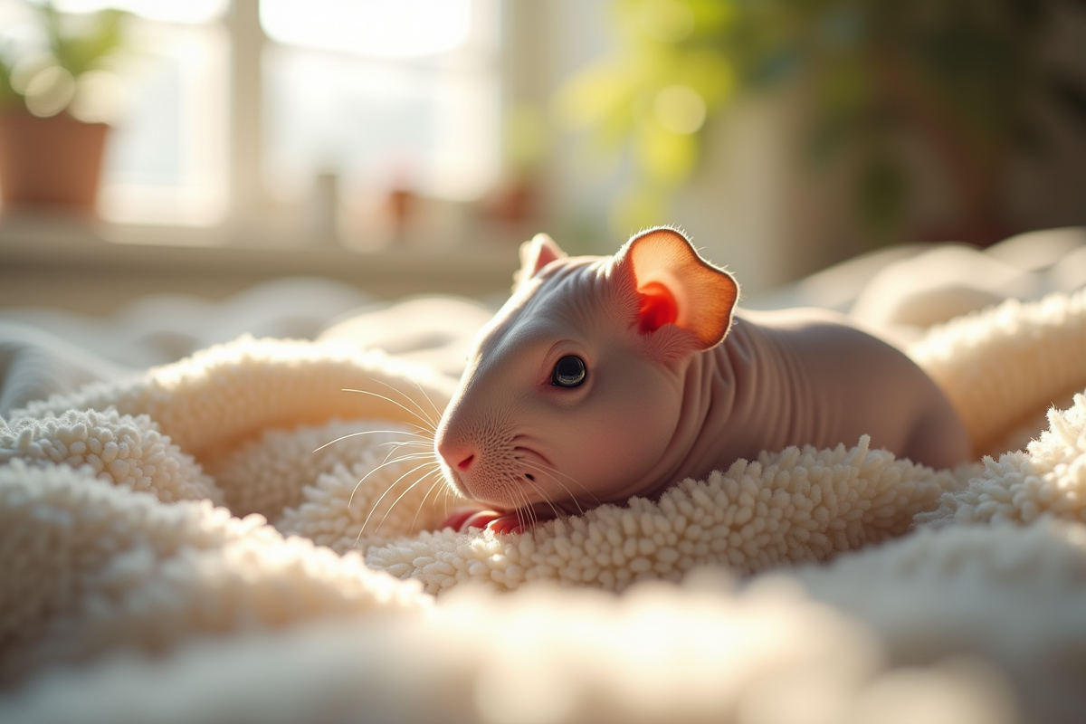 Cochon d'Inde nu reposant sur une couverture douce en lumière naturelle