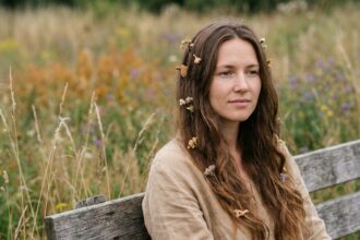 Femme aux cheveux ondulés ornés de fleurs séchées et d'épingles en bois dans une prairie naturelle