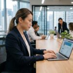 Collaboratrice en entreprise utilisant LinkedIn sur son ordinateur portable dans un bureau moderne pour devenir ambassadrice de marque