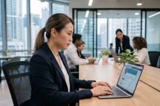 Collaboratrice en entreprise utilisant LinkedIn sur son ordinateur portable dans un bureau moderne pour devenir ambassadrice de marque