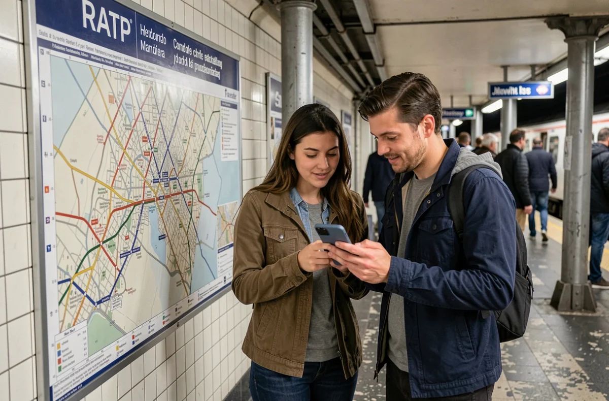 Deux collègues comparant Urbanratp et ratp.fr sur smartphone devant un plan de métro parisien