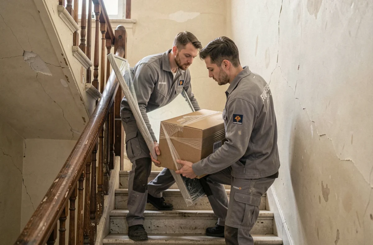 Deux déménageurs Collen portant un miroir emballé dans l'escalier d'un immeuble normand