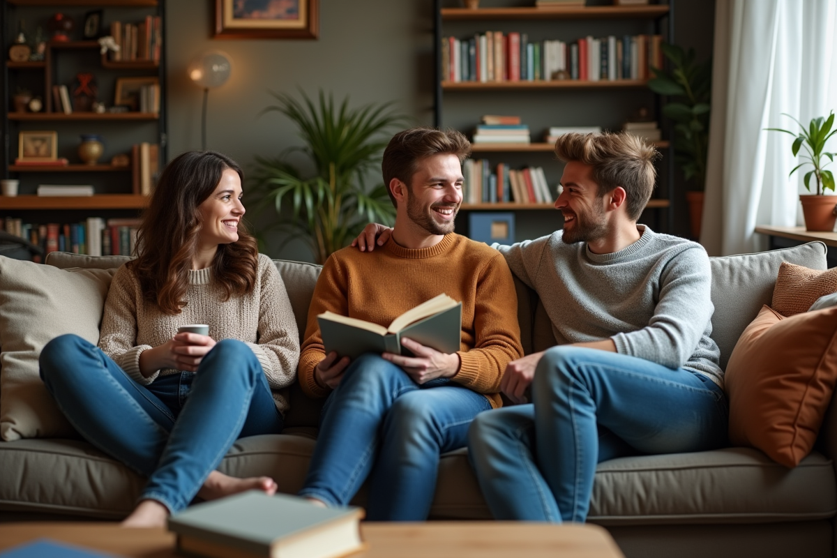 Trois colocataires détendus dans un salon cosy