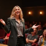 Jeune femme blonde sur scène lors d'un spectacle comique