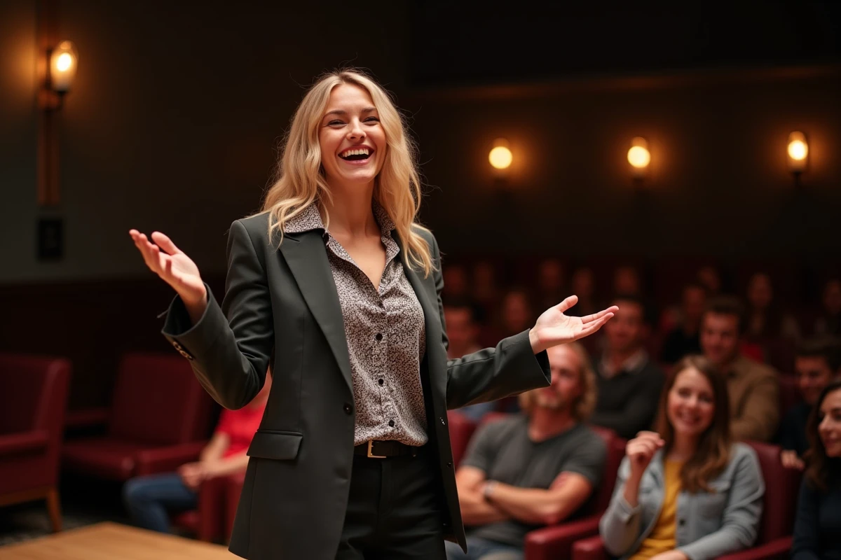 Jeune femme blonde sur scène lors d'un spectacle comique