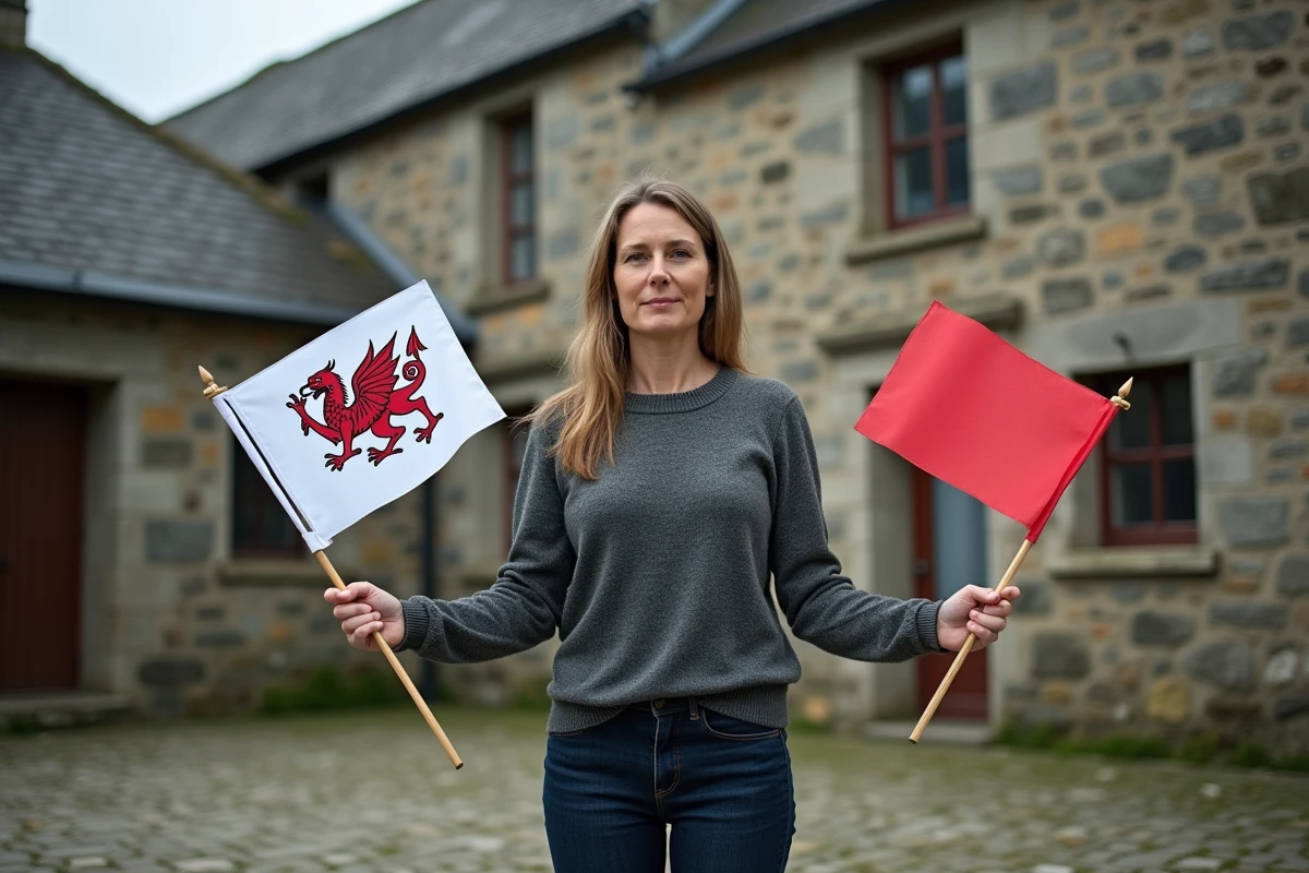Femme comparant deux drapeaux bretons pour évaluer leur qualité respective en extérieur