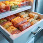 Tiroir de congélateur ouvert avec aliments bien organisés