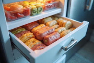 Tiroir de congélateur ouvert avec aliments bien organisés