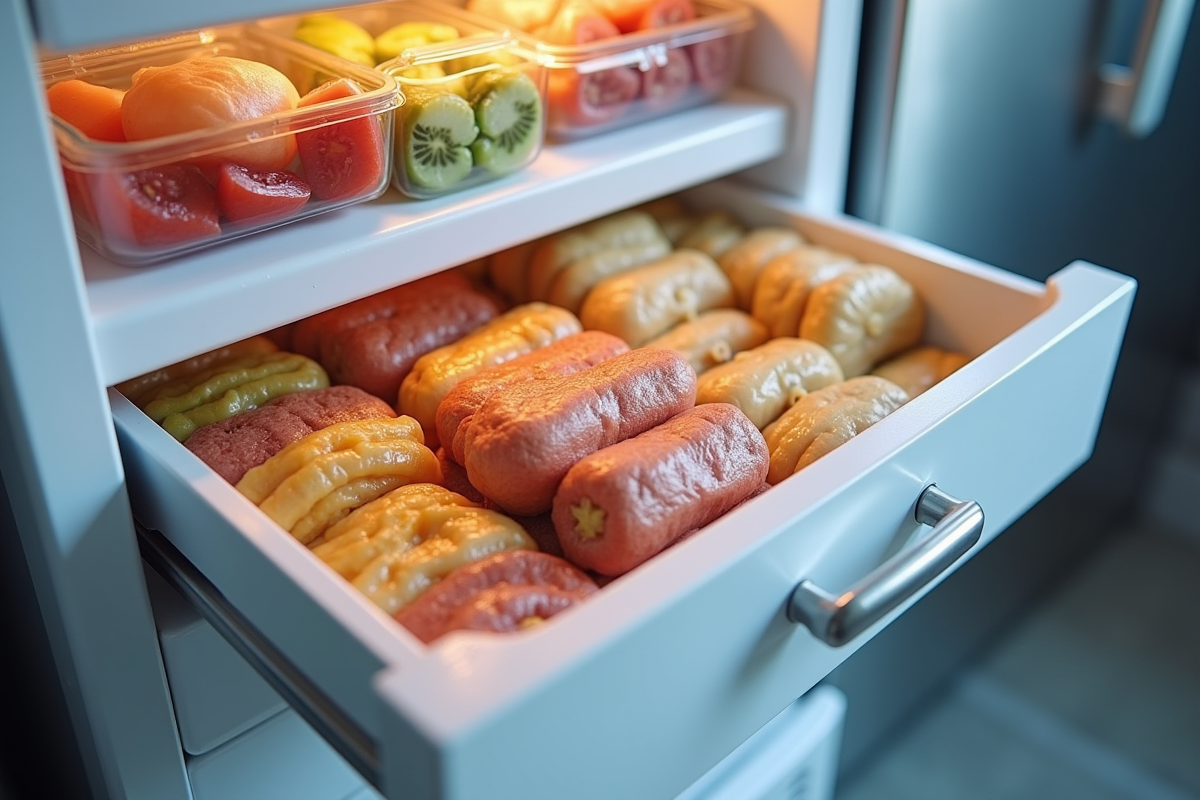 Tiroir de congélateur ouvert avec aliments bien organisés