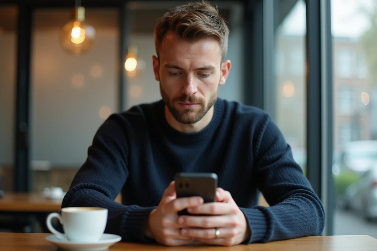 Homme utilisant son téléphone pour se connecter à une plateforme de rencontre élite dans un café moderne
