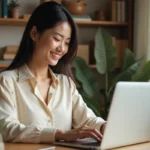 Femme connectée à un site de rencontre élite sur son ordinateur portable dans un bureau chaleureux