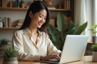 Femme connectée à un site de rencontre élite sur son ordinateur portable dans un bureau chaleureux