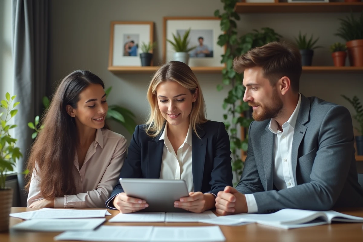 Conseillère en assurance montrant des détails sur une tablette
