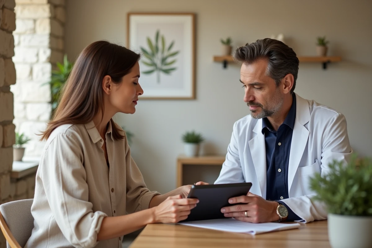 Consultation esthétique médicale entre une patiente et un médecin dans une clinique rénovée aux murs en pierre de Provence