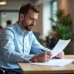 Coordinateur au bureau relisant un document officiel avec attention, stylo en main