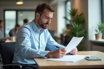 Coordinateur au bureau relisant un document officiel avec attention, stylo en main