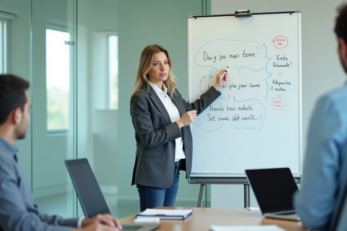Coordinatrice devant un tableau blanc expliquant des règles orthographiques en réunion professionnelle