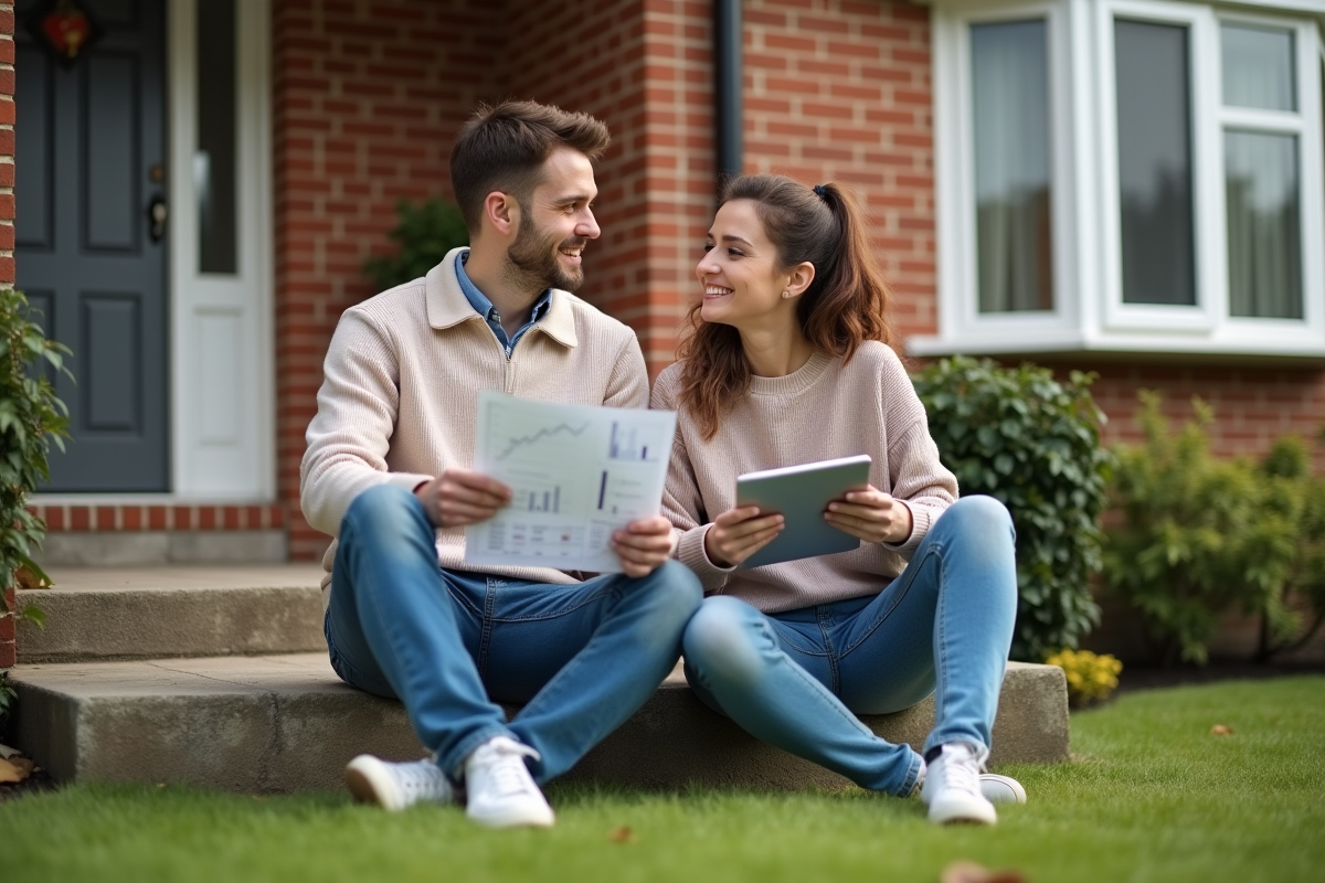 Jeune couple discute avec documents de prêt immobilier devant leur maison