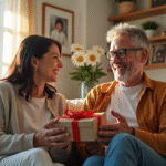 Couple heureux échangeant des cadeaux dans un salon lumineux