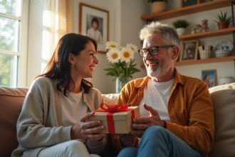 Couple heureux échangeant des cadeaux dans un salon lumineux