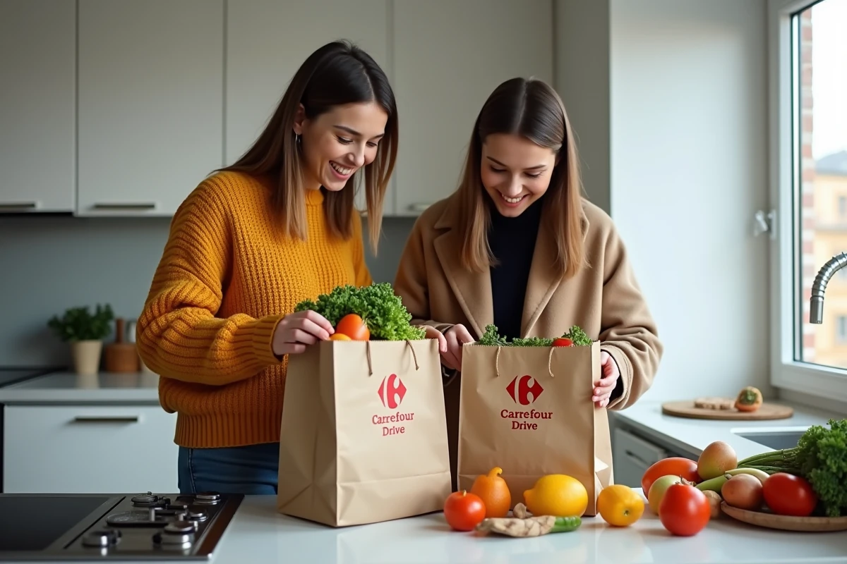 Couple déchargeant des courses Carrefour Drive dans une cuisine après avoir économisé grâce à un code promo