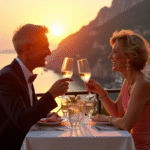 Couple heureux dinant sur une terrasse en Amalfi au coucher du soleil