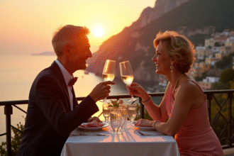 Couple heureux dinant sur une terrasse en Amalfi au coucher du soleil