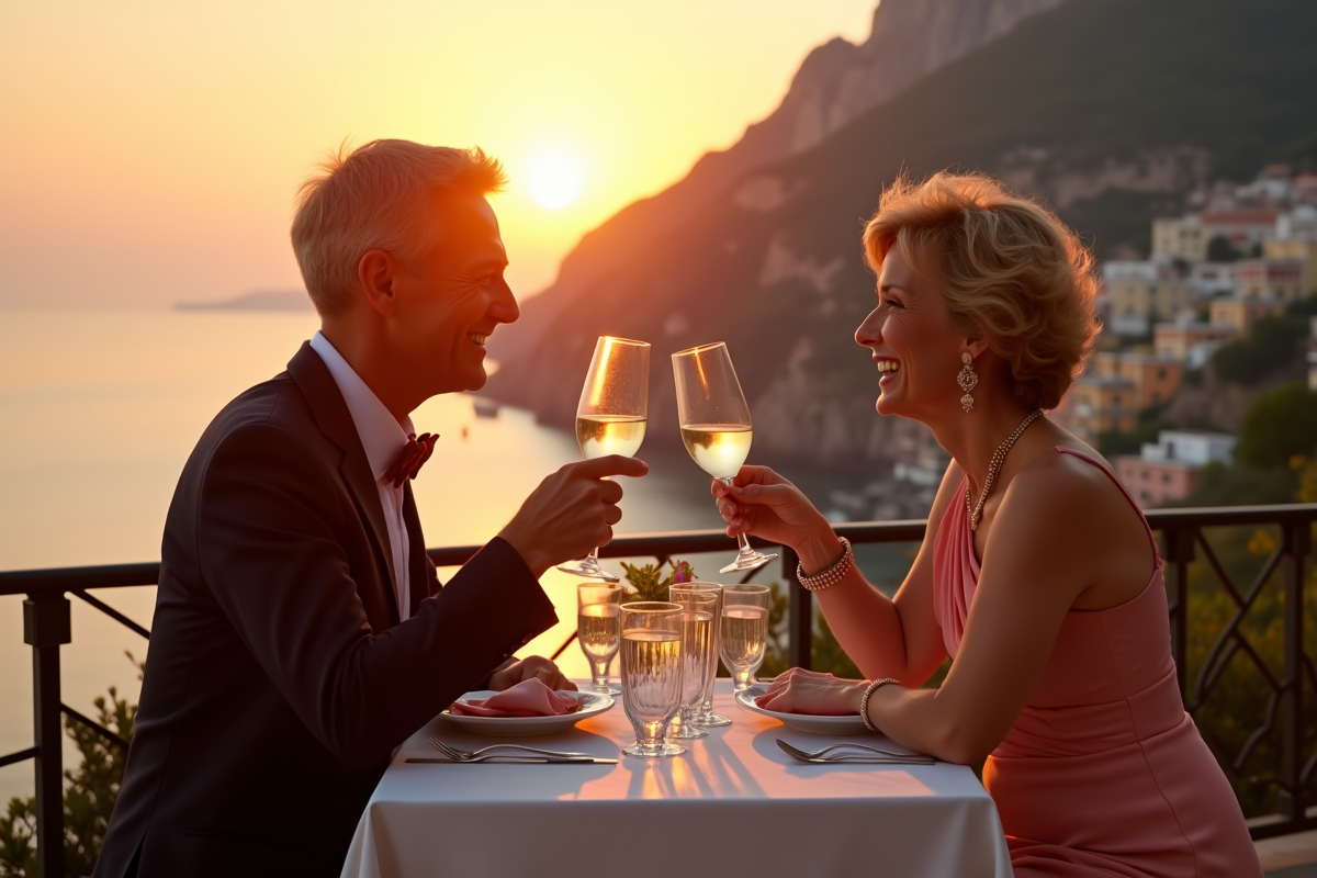 Couple heureux dinant sur une terrasse en Amalfi au coucher du soleil