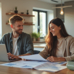 Couple heureux à la maison calculant finances