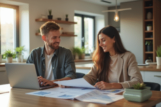 Couple heureux à la maison calculant finances