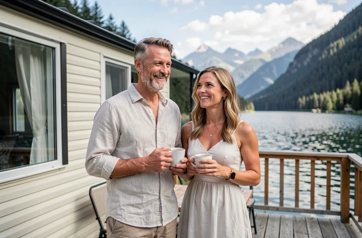 Couple profitant de la terrasse de leur mobil-home français au bord d'un lac alpin dans un camping de montagne