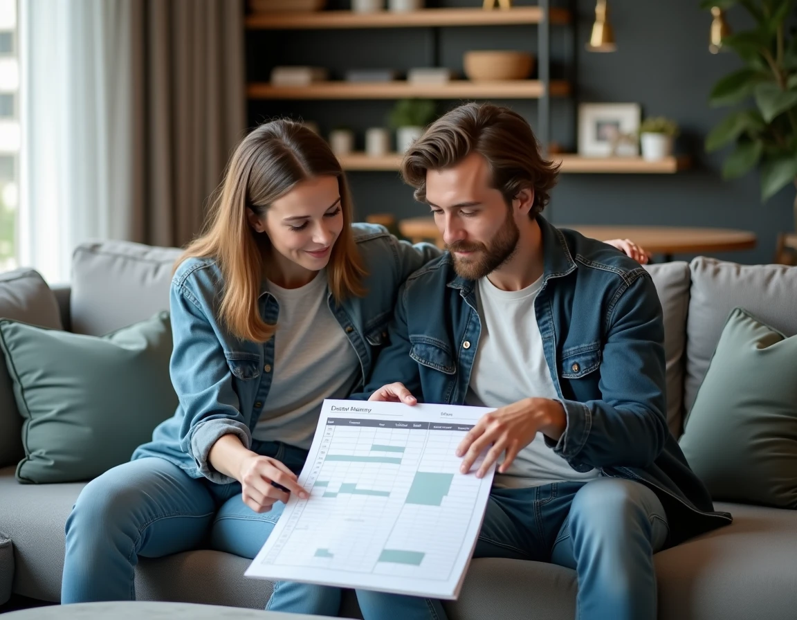 Couple planifiant ensemble leur budget mensuel avec un planning imprimé posé sur une table basse dans un salon moderne