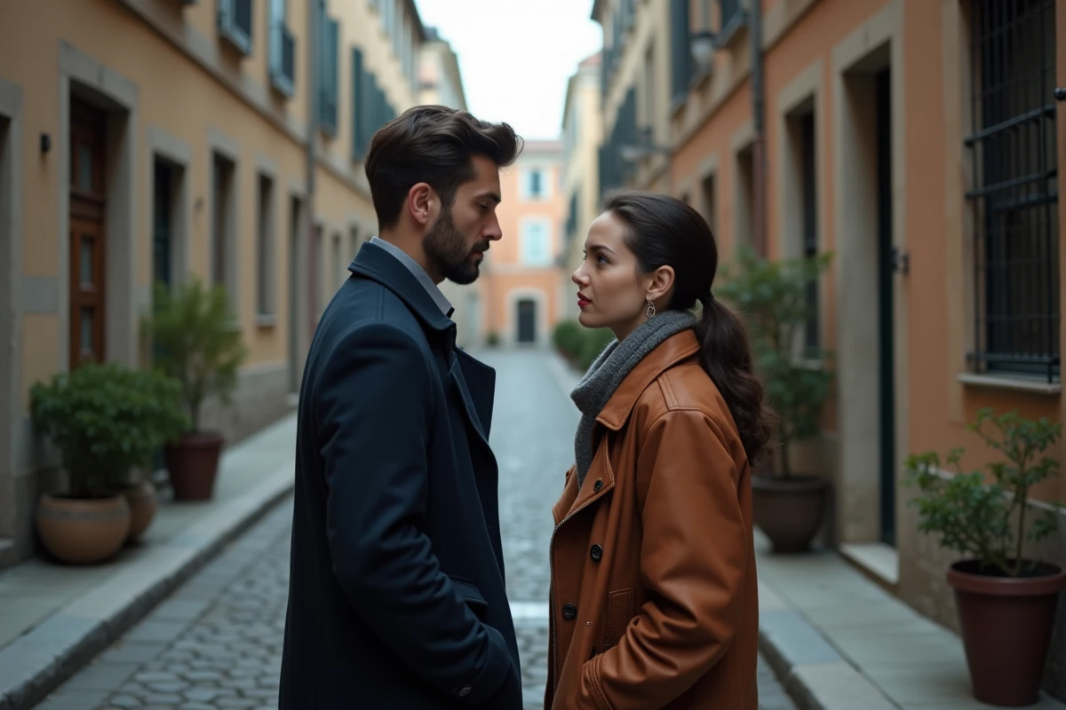Couple face à face dans une ruelle urbaine, tension émotionnelle et connexion profonde évoquant la relation de flamme jumelle