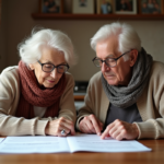 Couple senior lisant des documents juridiques à la maison