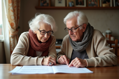 Couple senior lisant des documents juridiques à la maison