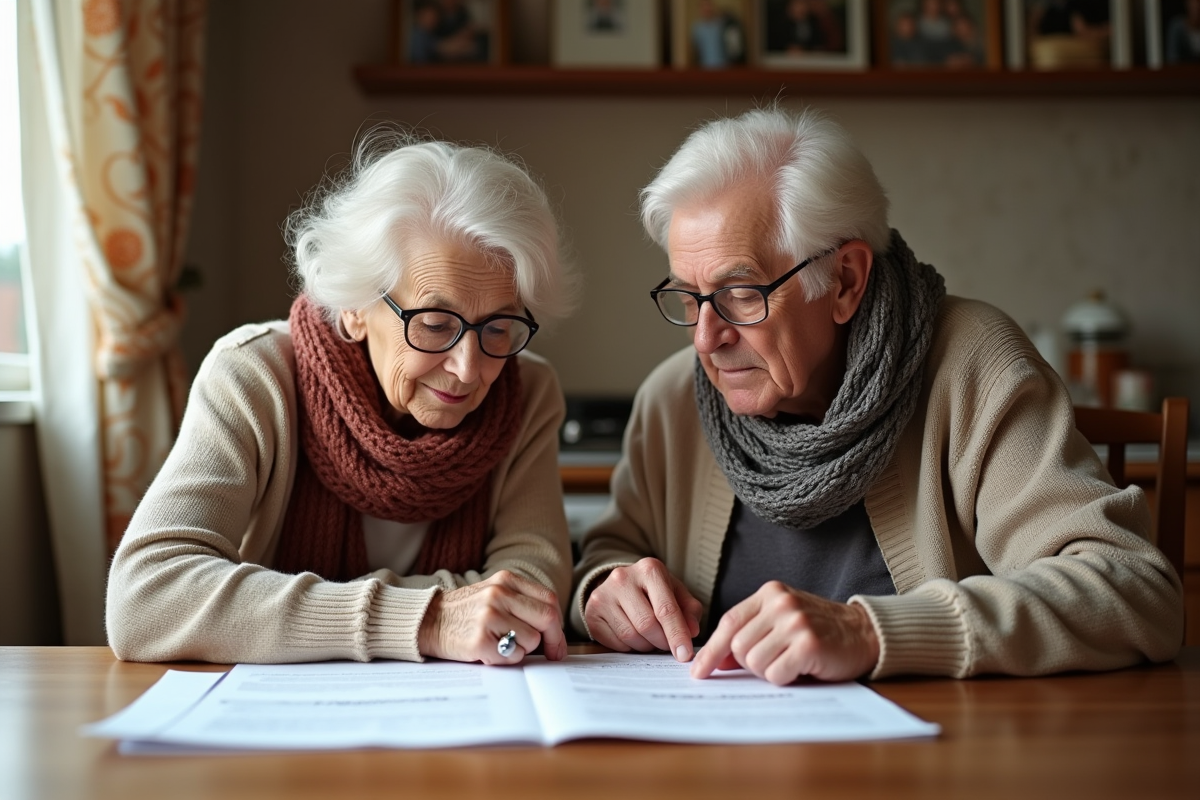 Couple senior lisant des documents juridiques à la maison