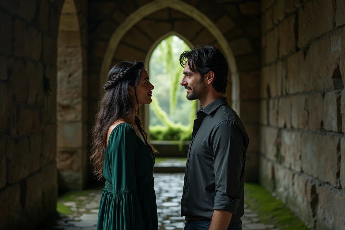Couple en tension dramatique dans un couloir de château médiéval illustrant le trope enemies to lovers du romantasy