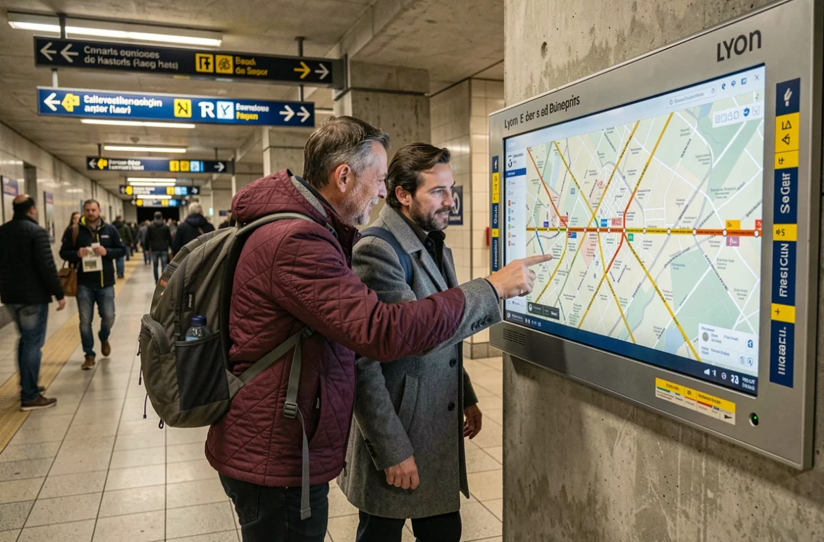 Couple de touristes consultant un plan de métro numérique dans un couloir de correspondance du métro de Lyon