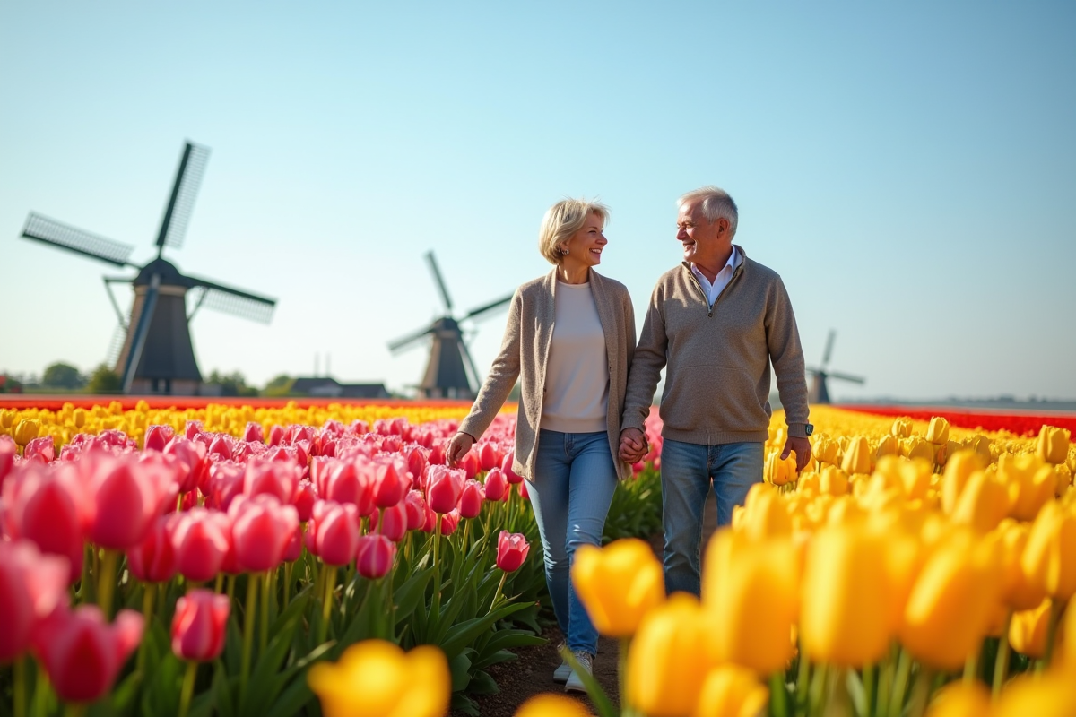 Couple marchant dans un champ de tulipes aux Pays-Bas