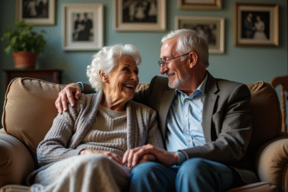 Couple âgé tenant la main sur un canapé vintage entouré de photos de mariage