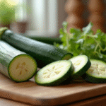 Courgettes fraîches tranchées sur planche en bois