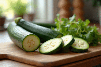 Courgettes fraîches tranchées sur planche en bois