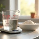 Balance de cuisine avec tasse d'eau et farine au soleil
