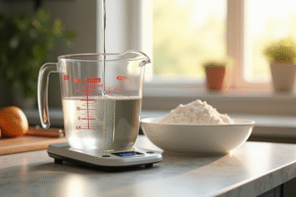 Balance de cuisine avec tasse d'eau et farine au soleil