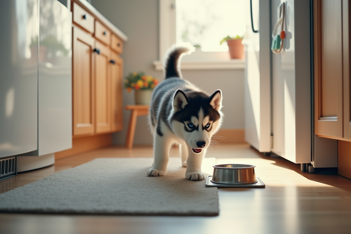 Chiot husky curieux dans une cuisine propre et sûre