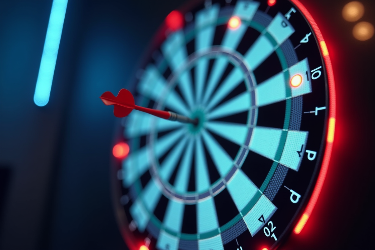 Dart électronique en action avec lumières LED vives et dart en vol