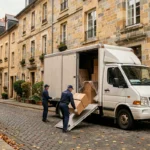 Vue d'ensemble d'un déménagement dans une rue pavée normande avec un camion blanc et des déménageurs professionnels