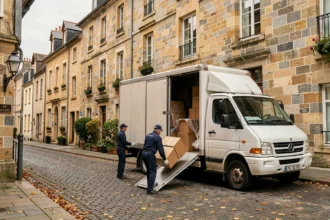 Vue d'ensemble d'un déménagement dans une rue pavée normande avec un camion blanc et des déménageurs professionnels