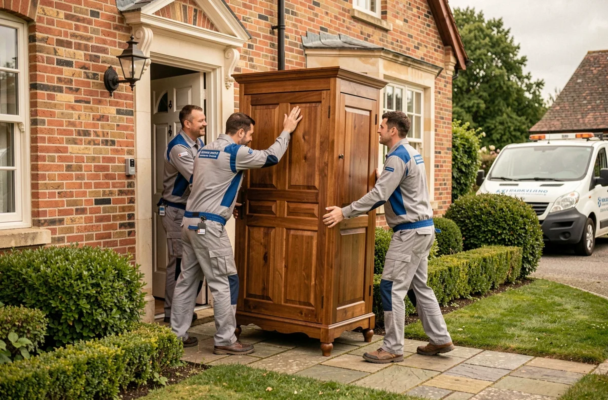 Équipe de déménageurs Germain manœuvrant une armoire dans une maison normande en briques