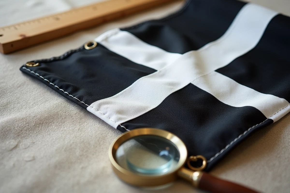 Détail des motifs hermine et de la couture d'un drapeau breton de qualité supérieure